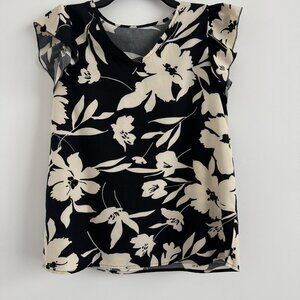 Shein Womens Black  Beige Floral Ruffle Sleeve V-Neck Blouse Size M
